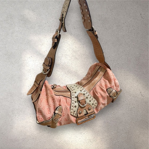 RARE Vintage Y2K Guess Orange Monogram Studded Hobo Shoulder Bag - Picture 2 of 10